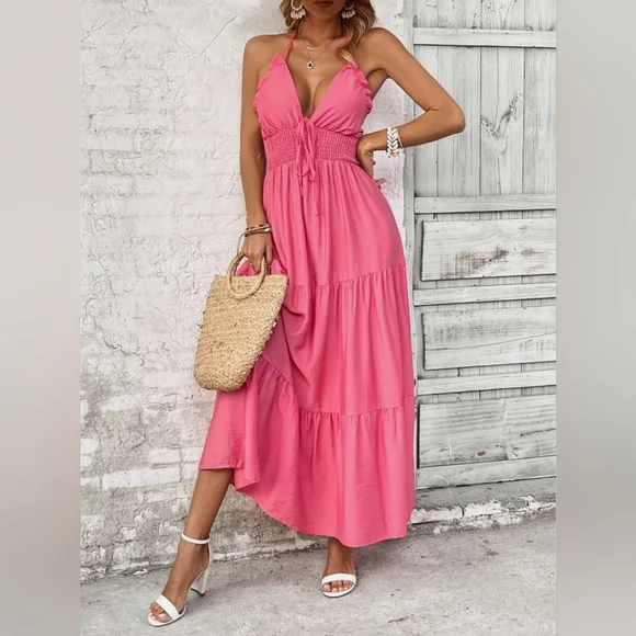 NEW Ruffle Tie Halter Tiered Long Dress Pink - Picture 2 of 7
